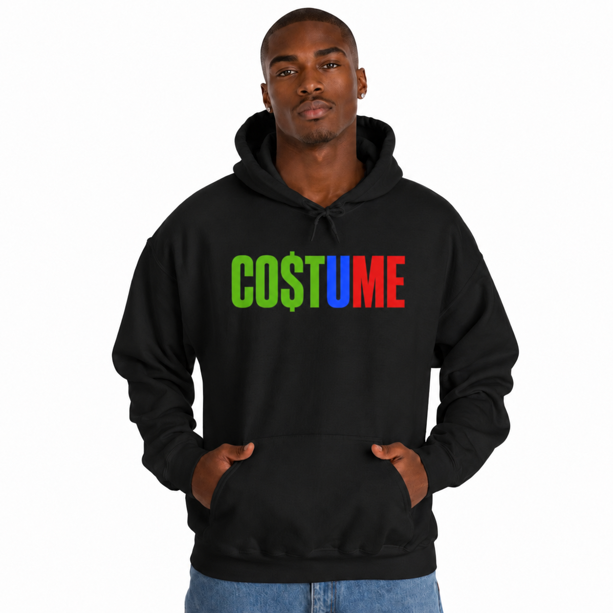 Statement CO$TUME Hoodie — Color Block “CO$TUME” Graphic Hooded Sweatshirt