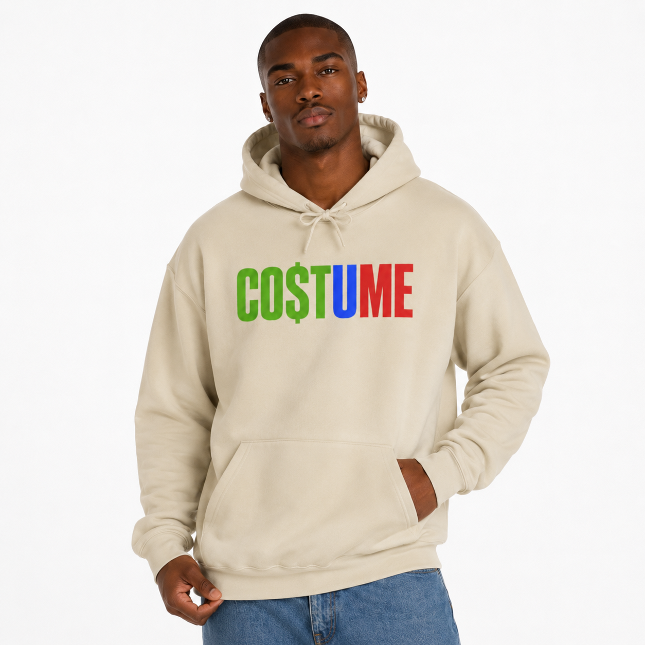 Statement CO$TUME Hoodie — Color Block “CO$TUME” Graphic Hooded Sweatshirt