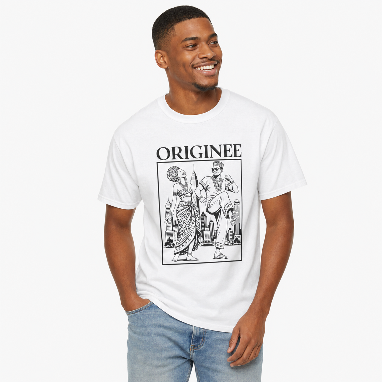 Originee Vintage-Inspired Graphic T-Shirt — Retro City Couple Illustration