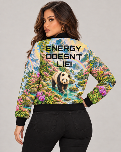 Panda Fantasy Bomber Jacket — "Energy Doesn't Lie" Women's Printed Bomber