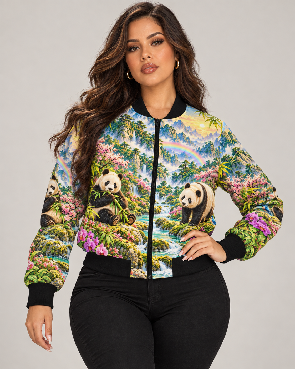 Panda Fantasy Bomber Jacket — "Energy Doesn't Lie" Women's Printed Bomber