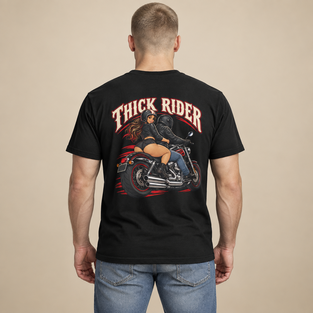 Biker 'Thick Rider' T-Shirt — Retro Motorcycle Pin-Up Tee