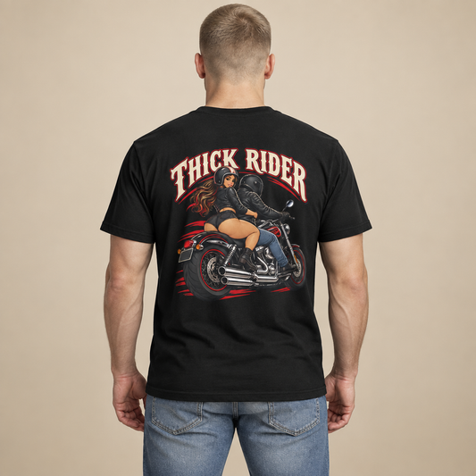 Biker 'Thick Rider' T-Shirt — Retro Motorcycle Pin-Up Tee